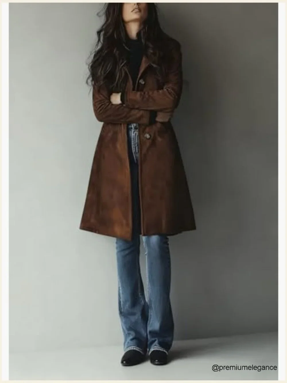 Long Suede Trench Coat Single Breasted Faux Leather Overcoat with Pockets - Picture 4 of 7